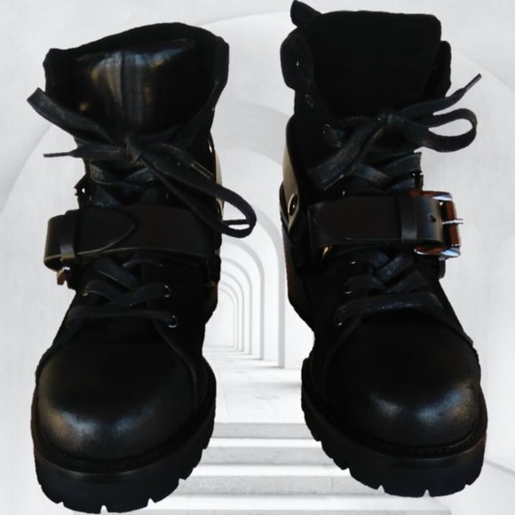 STEVEN by STEVE MADDEN 7 BLACK LEATHER BOOTS HARNESS STRAPS goth witch ankle lug - Picture 5 of 16